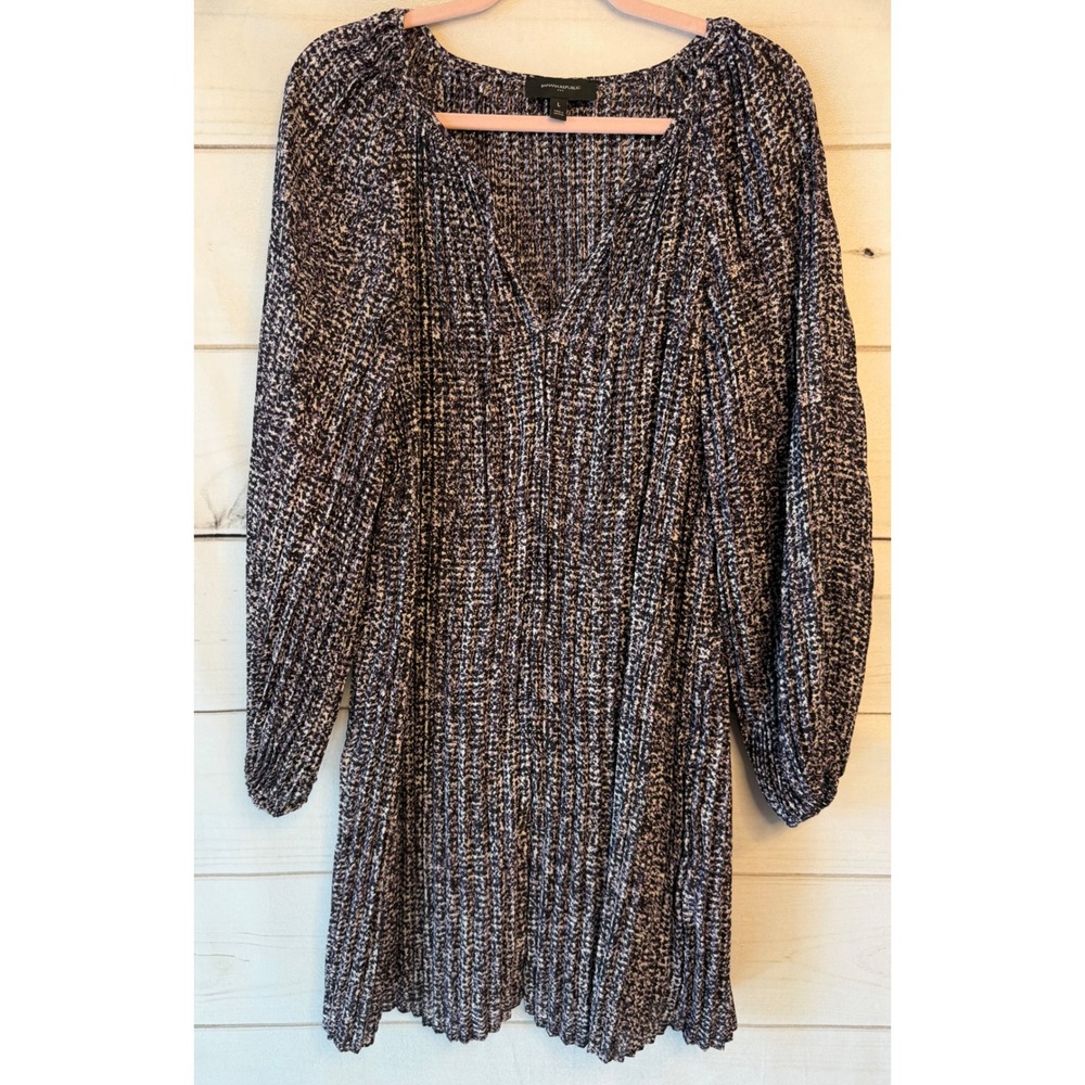 Banana Republic Womens Purple Black Pleated V-Neck Mini Dress Large Long Sleeve